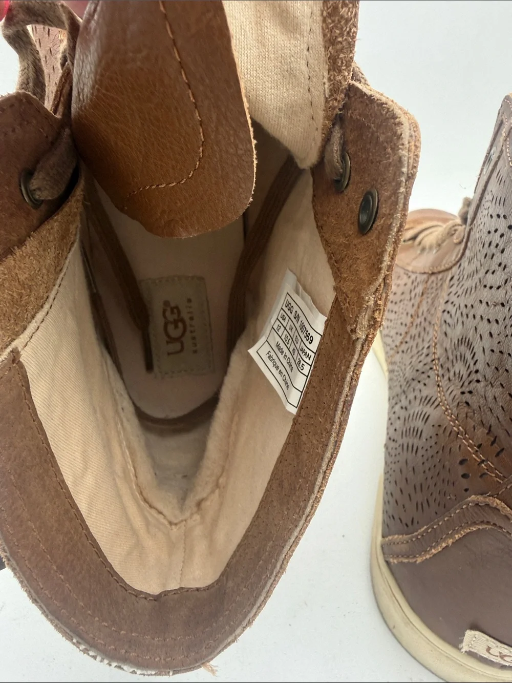 UGG Blaney Brown Leather Perforated High Top Sneakers Side Zip Tassel Sz 12
